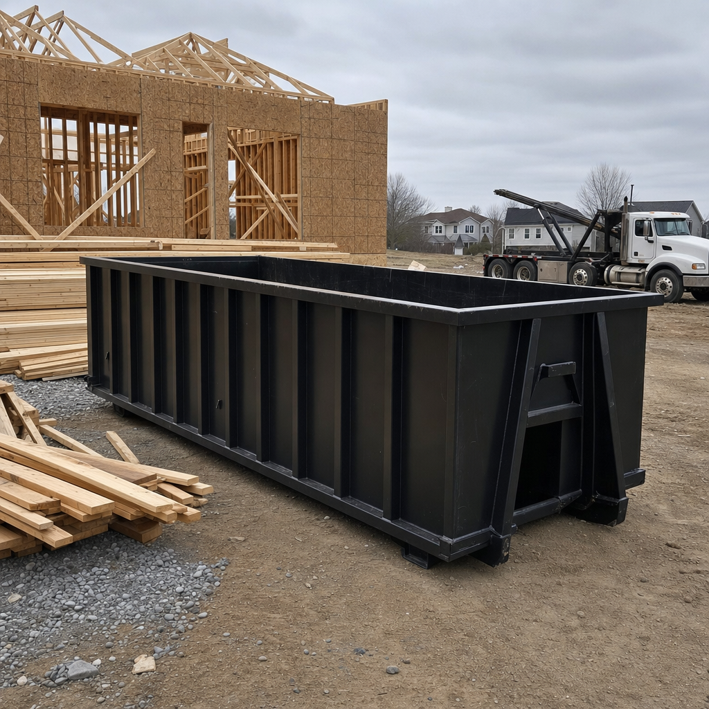 Matte-black 40-yard roll-off dumpster staged on a framed-out residential construction site in West Palm Beach, framing lumber stacked nearby, hooklift delivery truck visible in the background under bright Colorado daylight