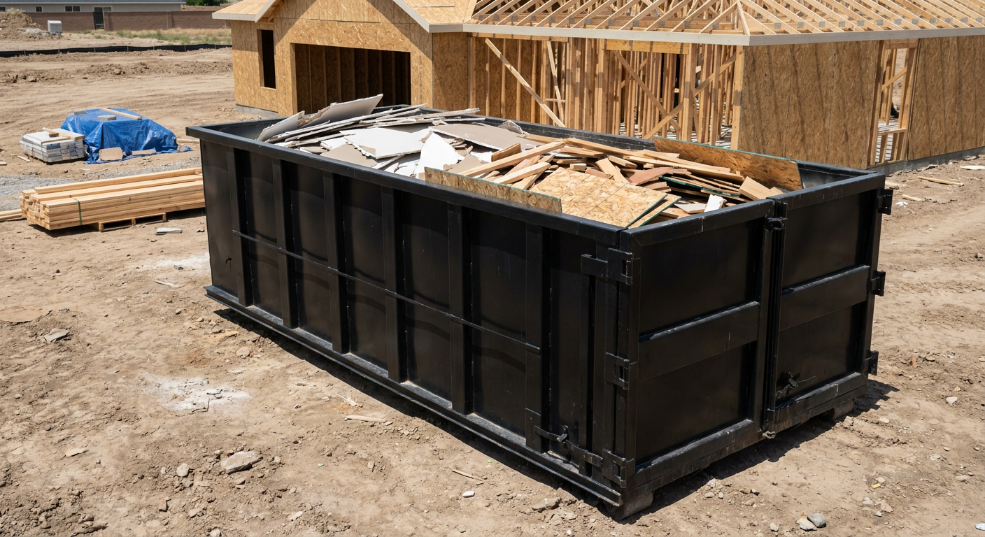 Matte-black 30-yard roll-off construction dumpster sitting directly on the compacted-dirt site of a framed single-family home build in West Palm Beach, drywall and lumber scrap loaded inside.
