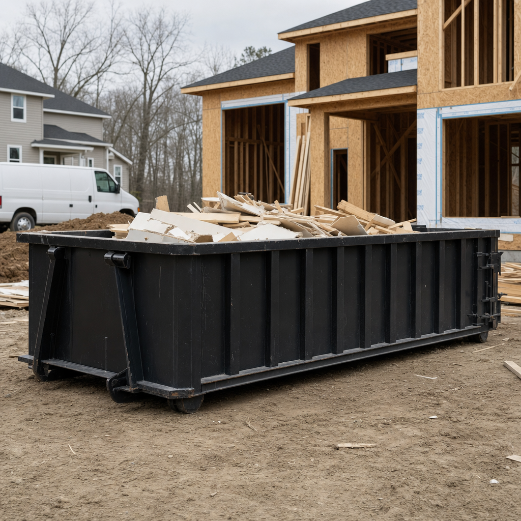 Worker in a yellow high-visibility vest tossing framing lumber and broken drywall into a matte-black 30-yard construction roll-off dumpster on an active build site in West Palm Beach, bright daylight