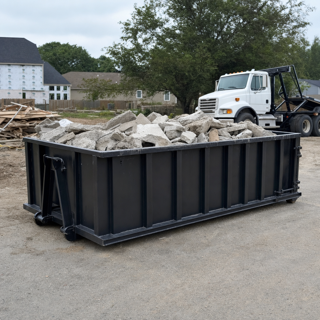 Low-profile matte-black lowboy roll-off dumpster loaded with broken concrete slab and rebar at a foundation tear-out in West Palm Beach, skid steer parked beside it, sunny Colorado morning