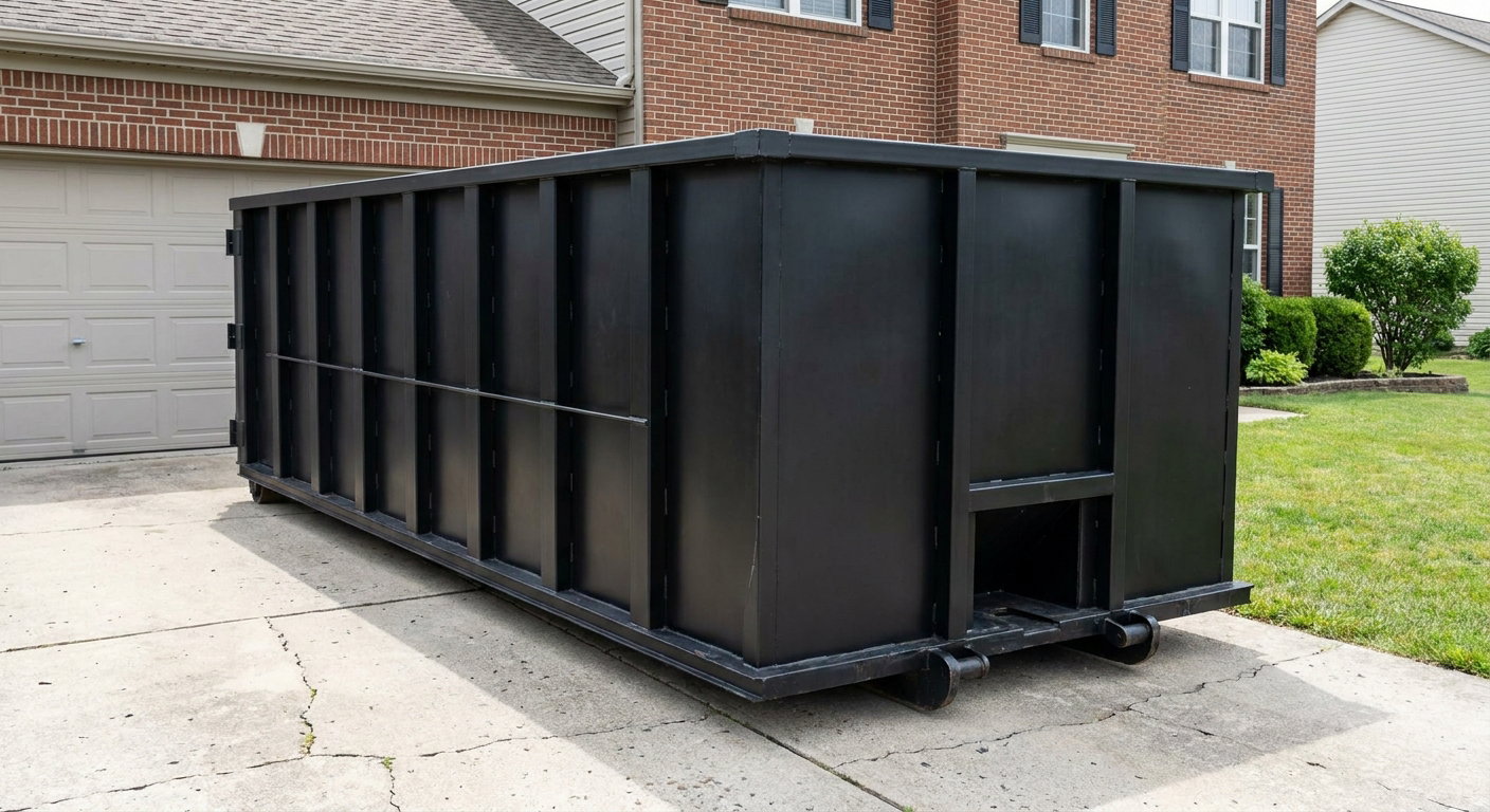 Matte-black 20-yard roll-off container on a West Palm Beach residential concrete driveway with reinforced ribbed steel sidewalls and a hinged rear walk-in door, clean bright daylight.