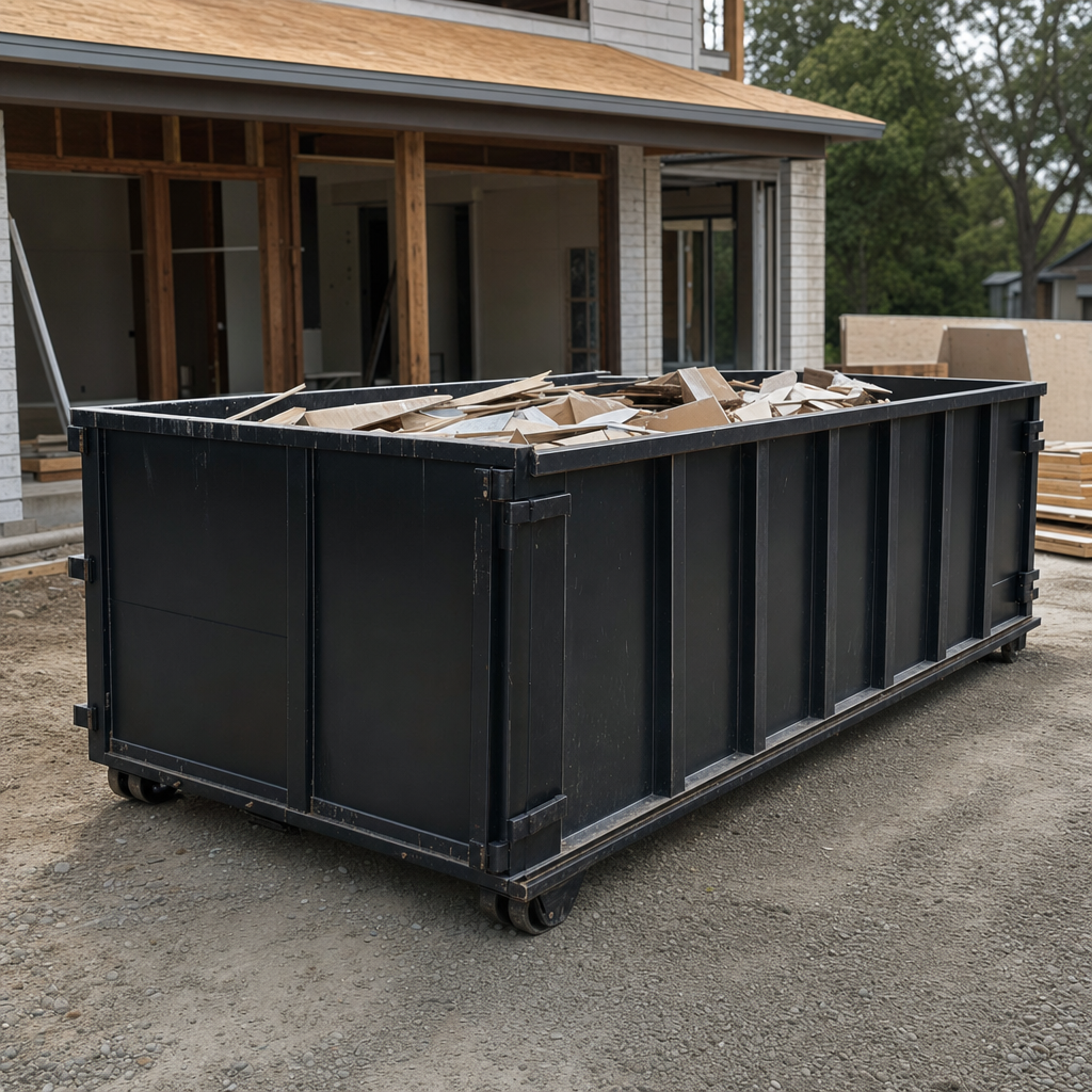Large matte-black 30-yard construction roll-off dumpster at an active West Palm Beach jobsite, steel-gray top rails and bottom rollers visible, loaded with construction debris.