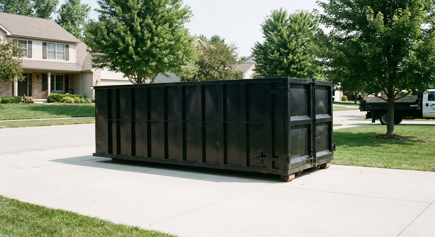 Matte-black 20-yard roll-off dumpster sitting level on a clean West Palm Beach residential concrete driveway under bright daylight, demonstrating clean placement directly on the concrete.