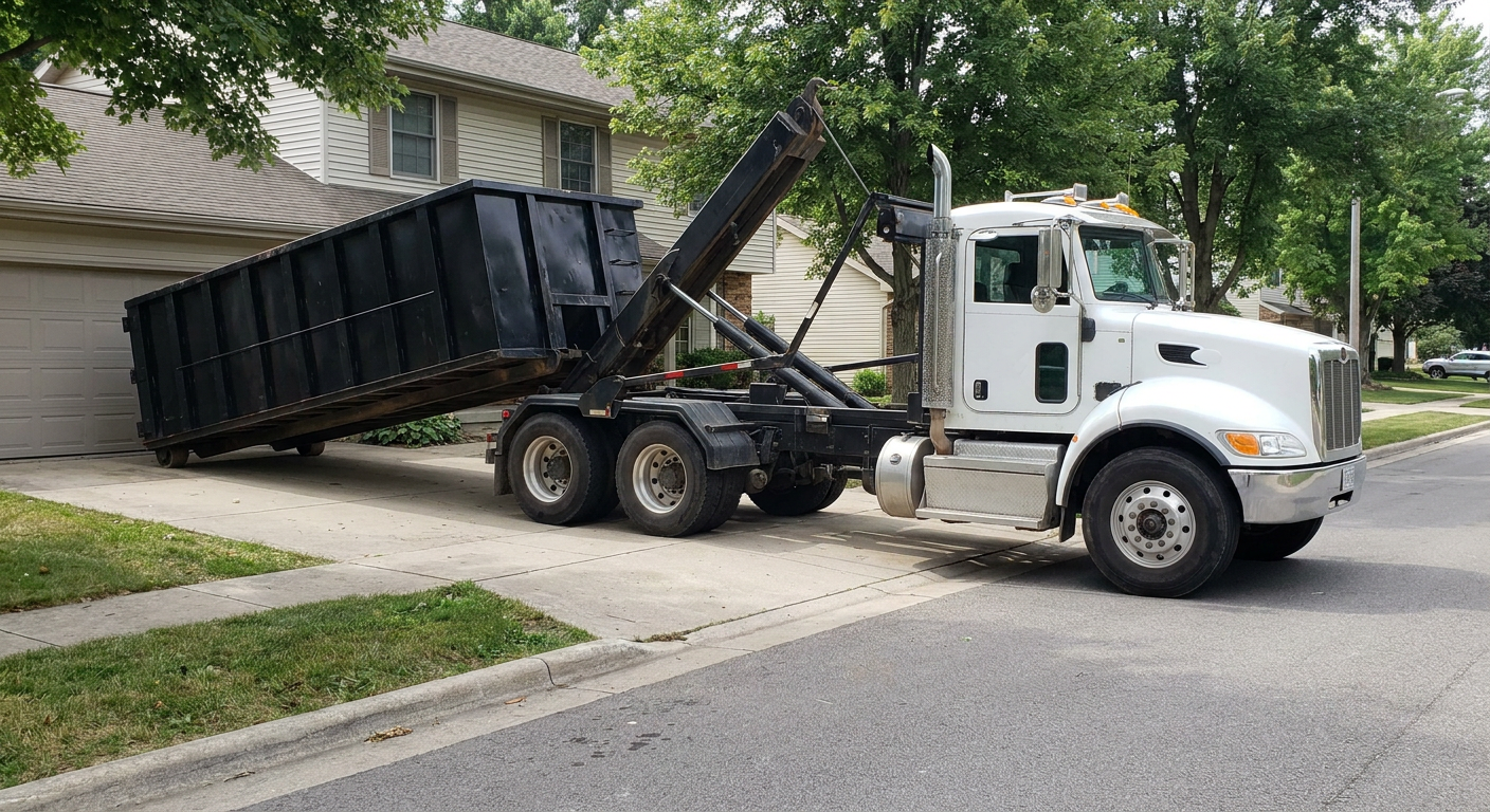 White-cab hooklift roll-off truck actively lowering a matte-black dumpster onto a West Palm Beach residential concrete driveway, the dumpster's rear wheels touching the driveway as the hoist arm tilts the bed forward, mid-morning daylight.