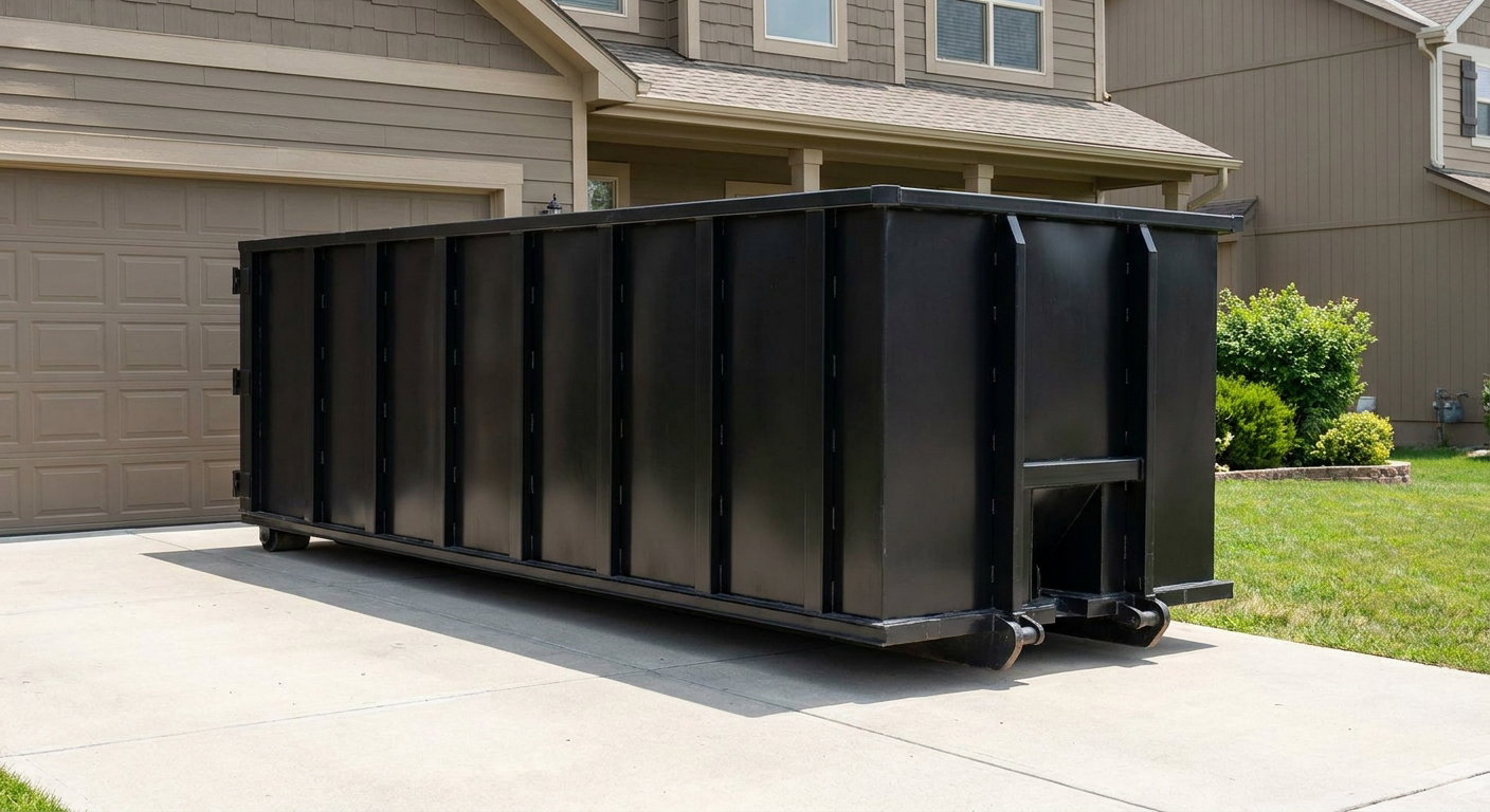 Matte-black residential roll-off dumpster sitting directly on a suburban West Palm Beach concrete driveway, garage door closed, single-family home in background, bright morning daylight.