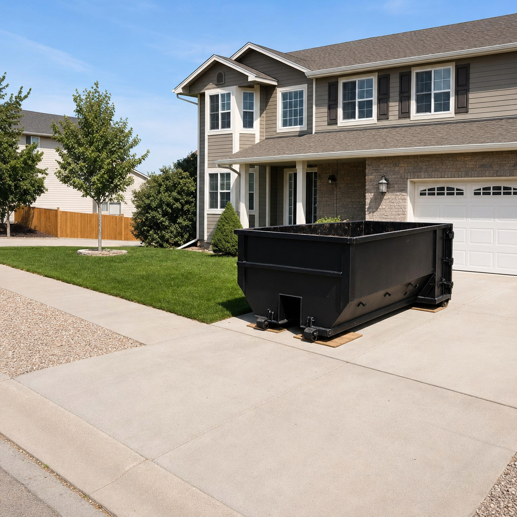 10-yard matte-black residential dumpster placed directly on a narrow West Palm Beach concrete driveway, room remains for a parked sedan beside it, mid-morning natural light