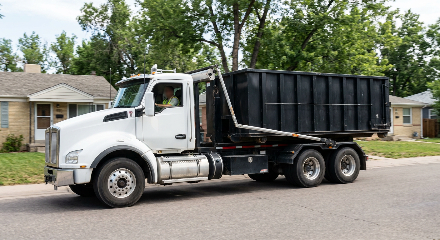 A wide documentary shot of a matte-black roll-off delivery truck pulling onto a quiet West Palm Beach residential street at mid-morning, with neighborhood rooftops and tree-lined blocks visible behind, showing the metro coverage footprint.