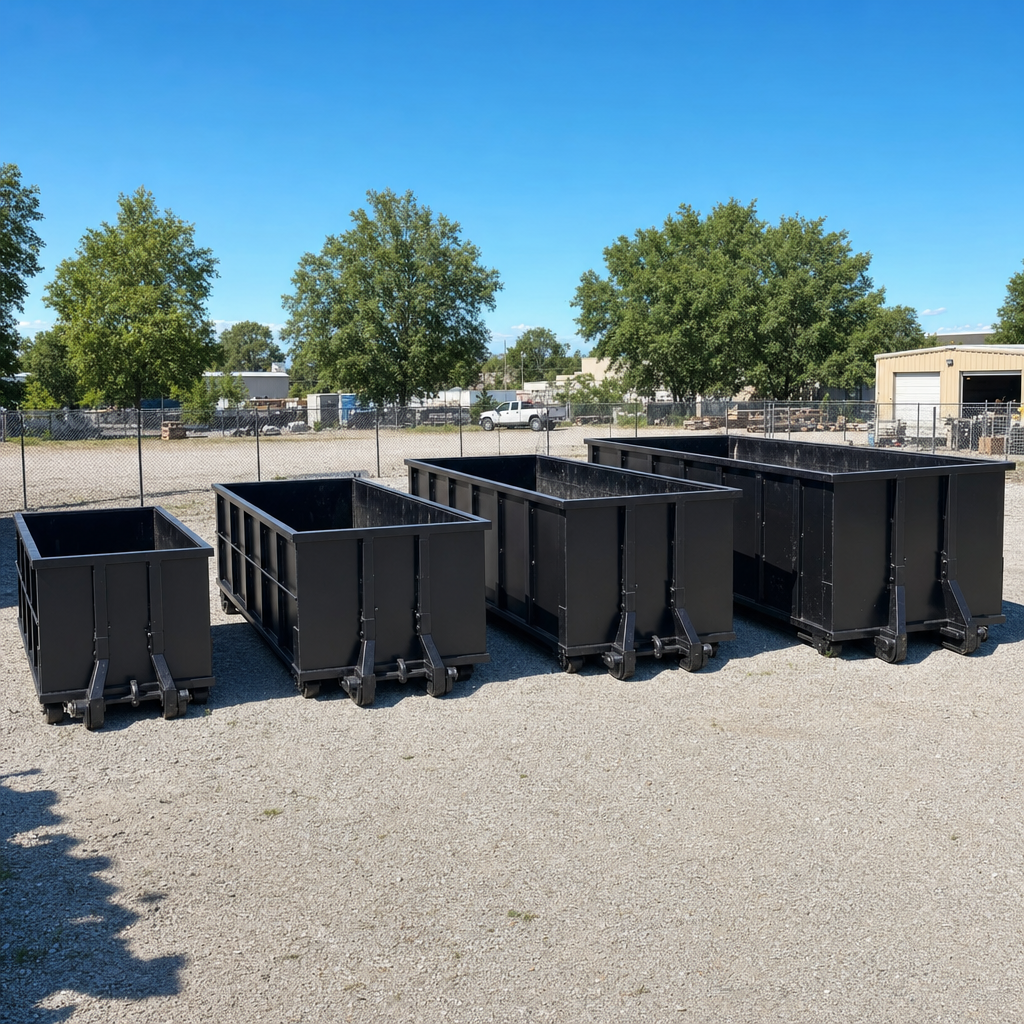 A clean lineup of matte-black roll-off dumpsters in 10, 20, 30, and 40-yard sizes staged on a sunlit gravel yard in West Palm Beach, showing the size progression from compact to commercial-scale containers.
