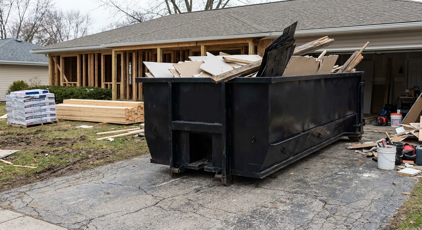 A matte-black 20-yard roll-off dumpster placed alongside a mid-renovation West Palm Beach home directly on the asphalt driveway, with framing materials and torn-off shingles staged neatly nearby.