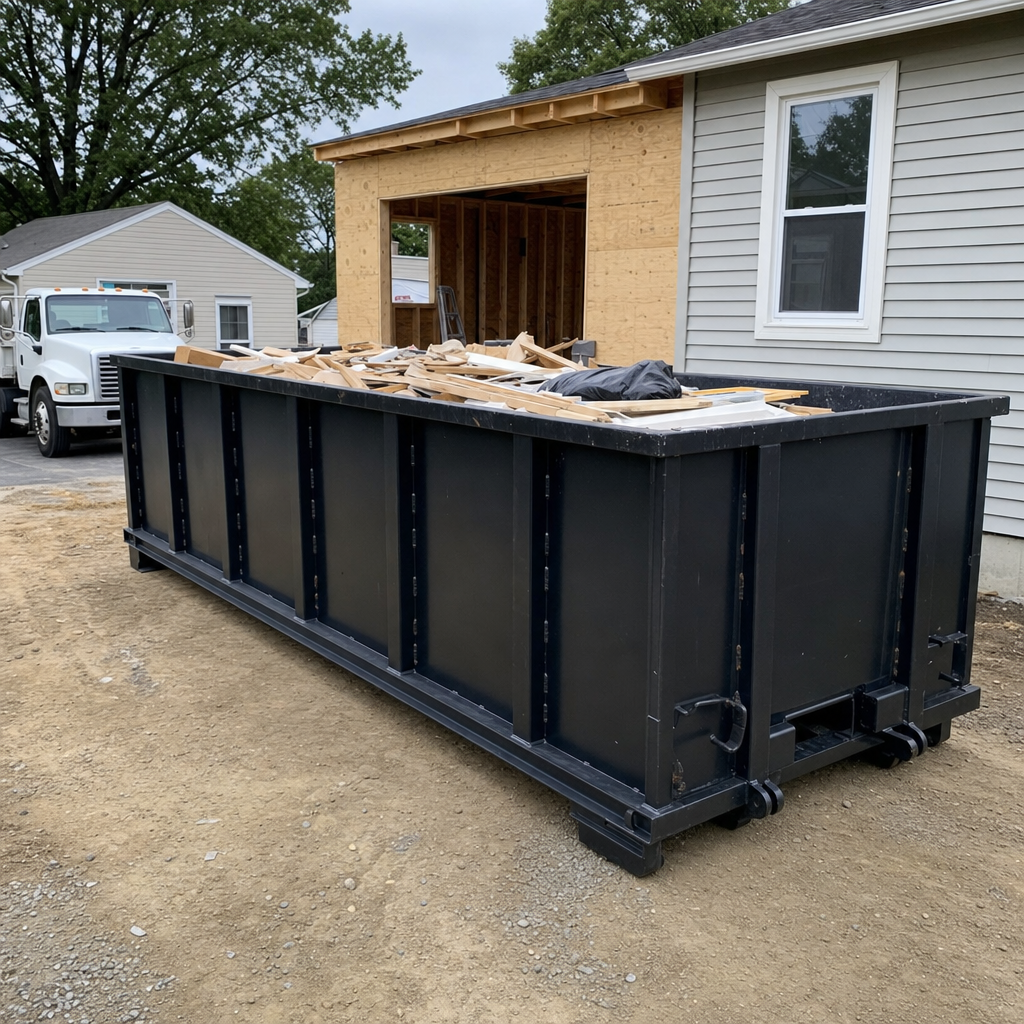 A matte-black 30-yard roll-off dumpster positioned at a West Palm Beach residential addition jobsite, with framing lumber and drywall scraps loaded through the open swinging rear doors.