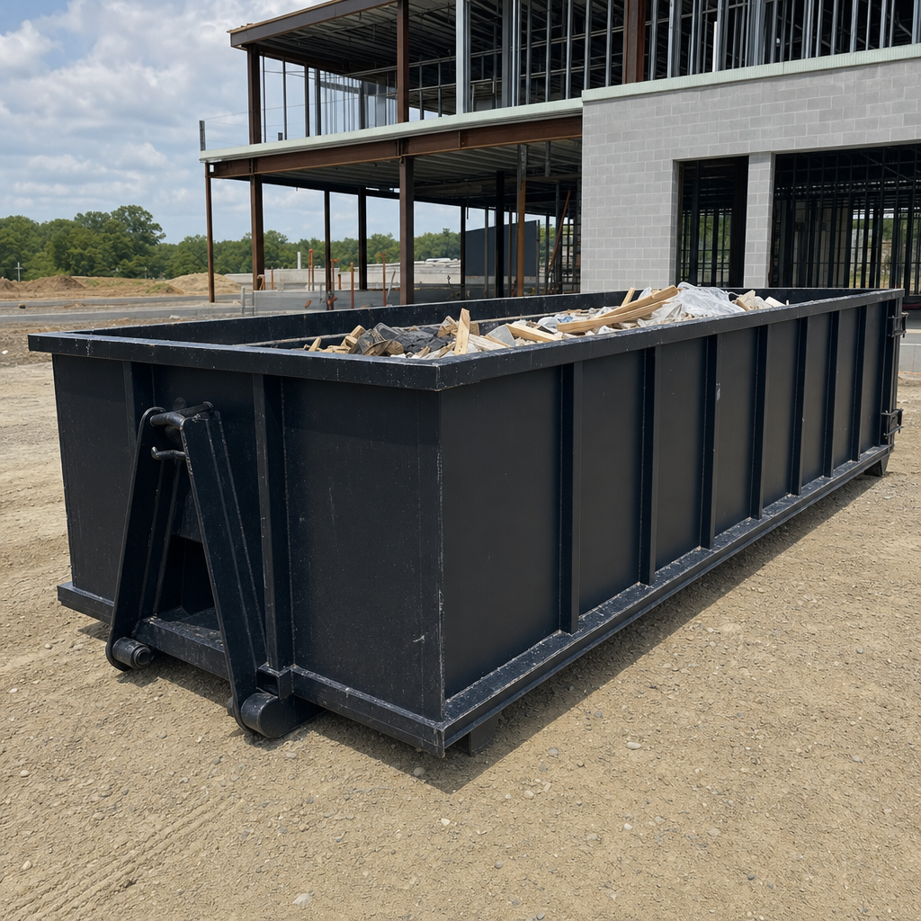 A matte-black 40-yard roll-off dumpster staged on a large West Palm Beach commercial construction lot, with a hooklift delivery truck parked alongside under bright midday sky.