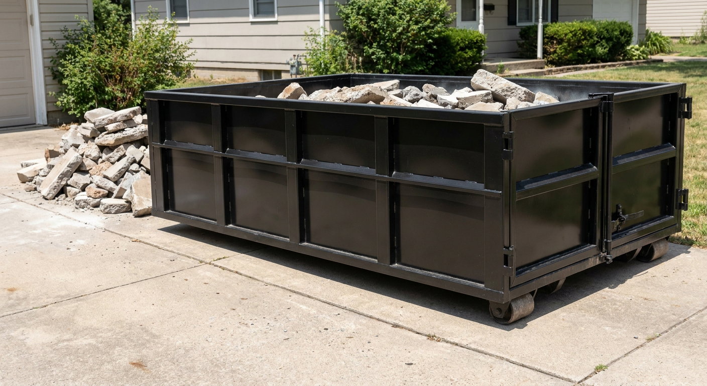 A matte-black low-side heavy-debris roll-off dumpster placed directly on a West Palm Beach concrete driveway, with broken concrete chunks neatly stacked beside it under clean daylight.